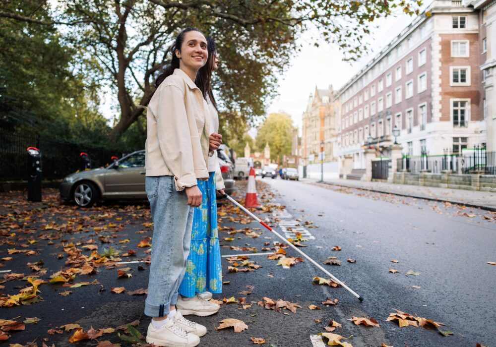 Blind lady trying to cross a busy road